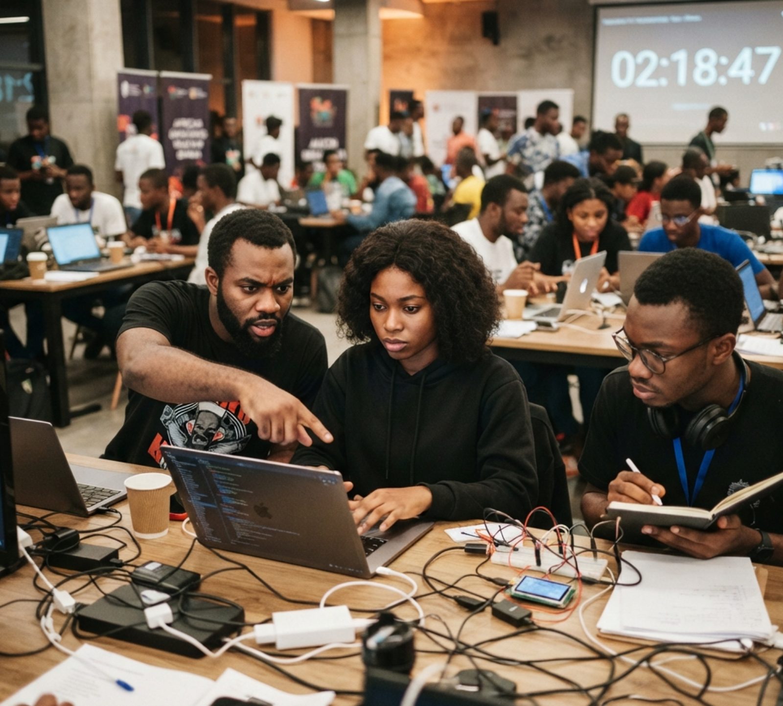 A team debugging together at a packed hackathon venue