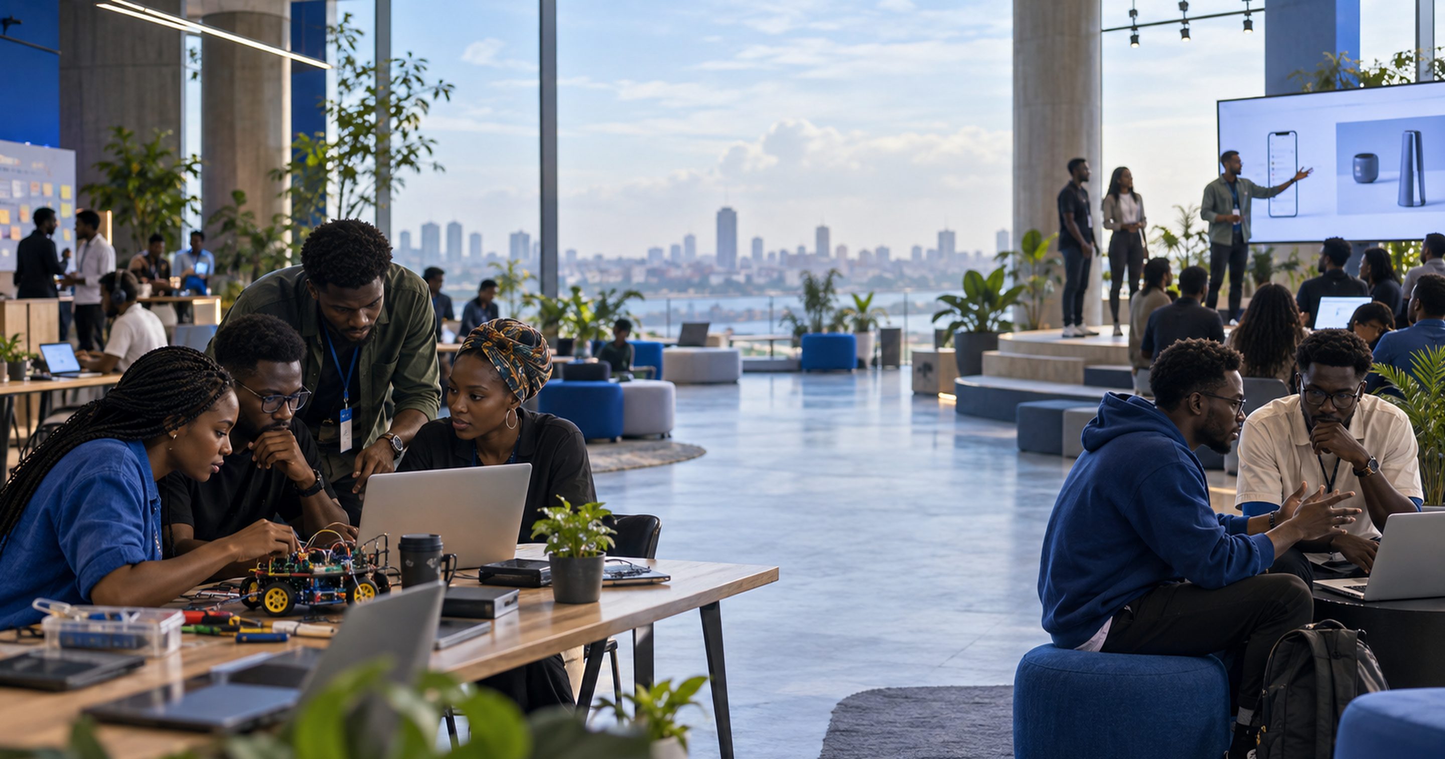 Builders working together at a hackathon venue